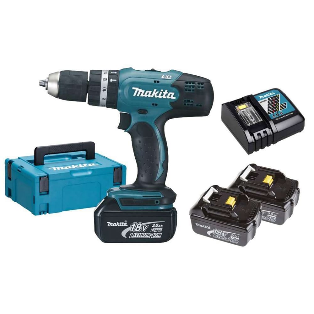 Trapano avvitatore a batteria con percussione MAKITA DHP453RF3J 18V 3Ah - 3 batterie con valigetta MAKPAC