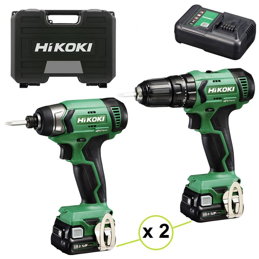 Kit promo combo HIKOKI KC12HKDA2 trapano con percussione DV12DA + avvitatore impulsi WH12DA + 2 batterie 12V 2,5Ah