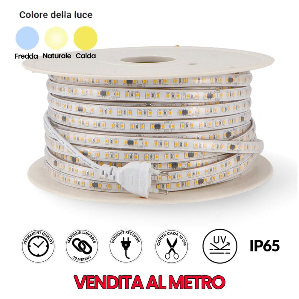 Striscia LED SMD 2835 220V 9W/mt. 900 lumen/mt. IP65 mm.10 x 5 varie tonalità di luce VENDITA AL METRO